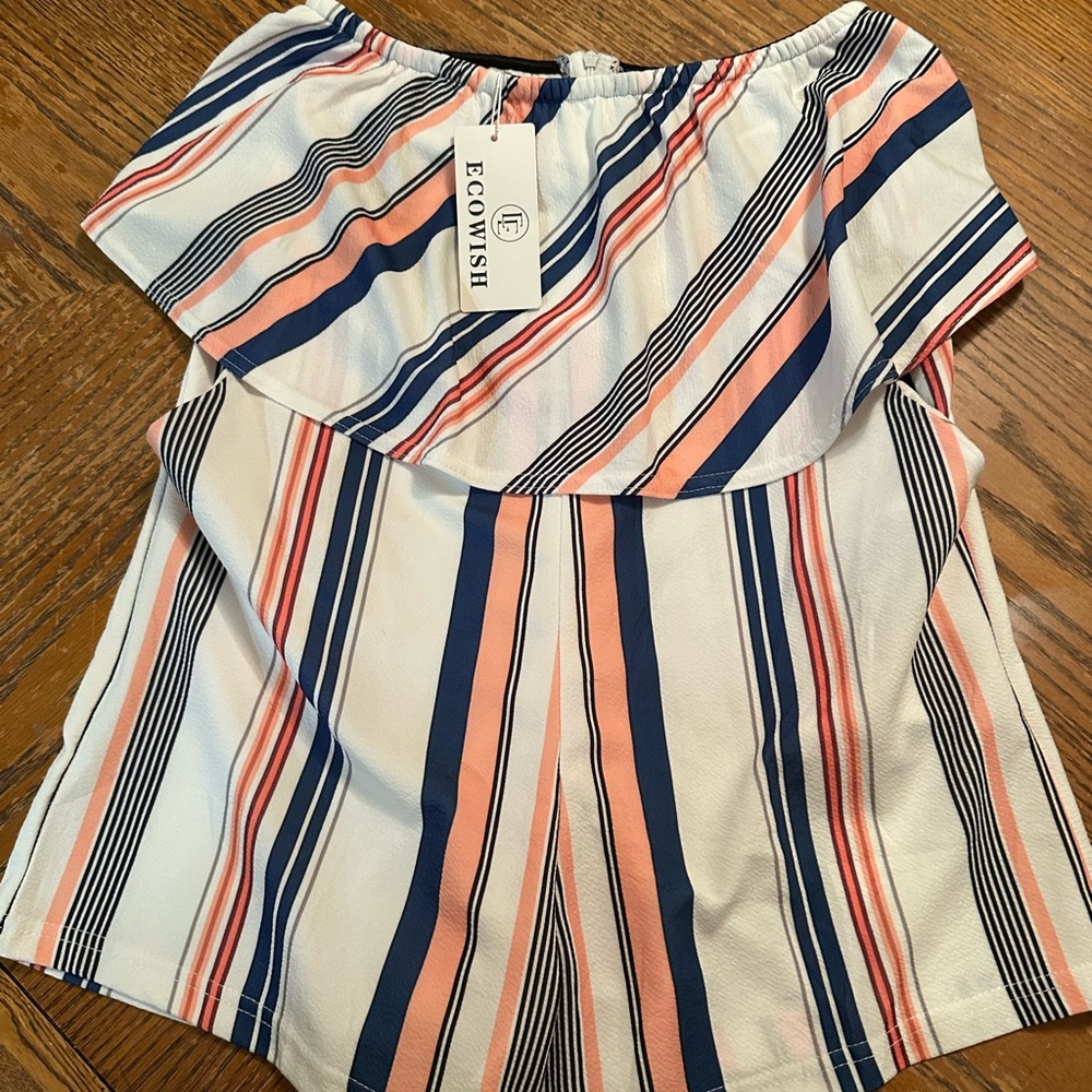 ECOWISH Women's Off-Shoulder Striped Blouse - Navy, Peach, White